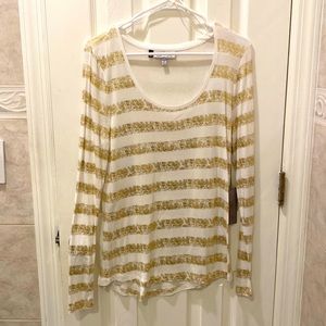 Jennifer Lopez Striped Long Sleeve Top — White and Gold NWT!